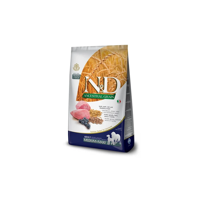 غذای خشک سگ بالغ ان‌دی کم‌غلات گوشت بره و بلوبری فرمینا 12 کیلوگرم