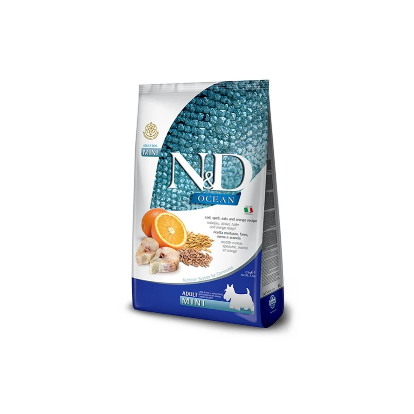 غذای خشک سگ بالغ ان‌دی اوشن کم‌غلات با ماهی مورینا و طعم پرتقال 7 کیلوگرم