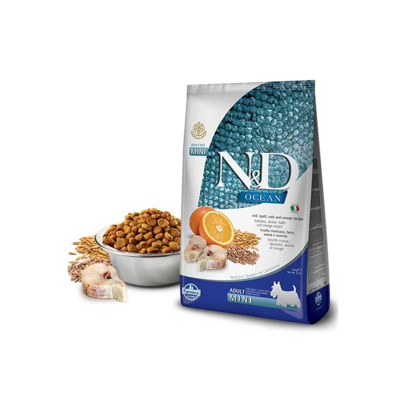 غذای خشک سگ بالغ ان‌دی اوشن کم‌غلات ماهی و پرتقال نژاد مینی 2.5 کیلوگرم
