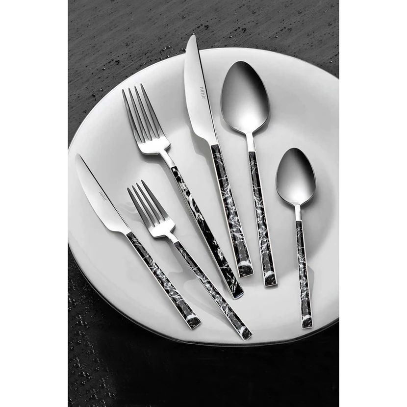 ست قاشق، چنگال و کارد 36 پارچه نهیر تولیپ نقره‌ای مشکی مرمری