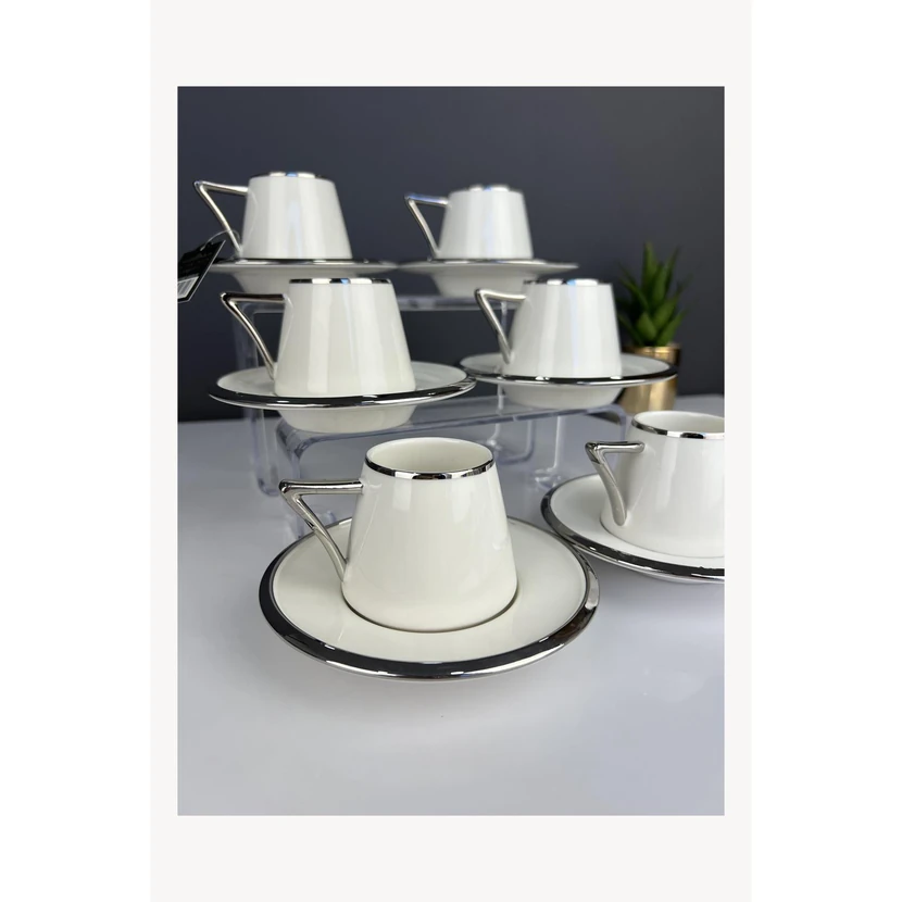 ست فنجان ۶ نفره الورا آکار پرسلن سفید نقره‌ای