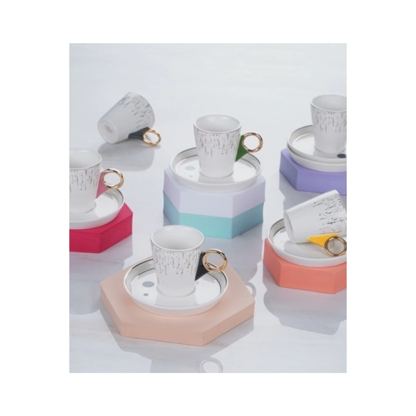 ست فنجان قهوه 6 نفره آکار گون پلاس طرح رنگی راه‌راه با دسته طلایی