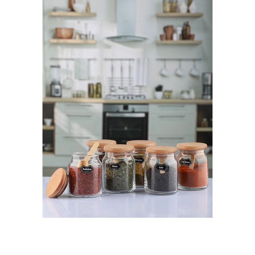 ست 6 تایی جا ادویه بامبو درب‌دار با قاشق کارچیچه‌گی هوم