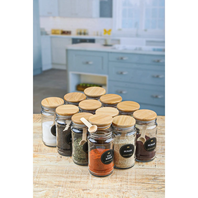 ست 12 عددی بانکه ادویه شیشه‌ای 320 سی‌سی با درب بامبو، قاشق و برچسب