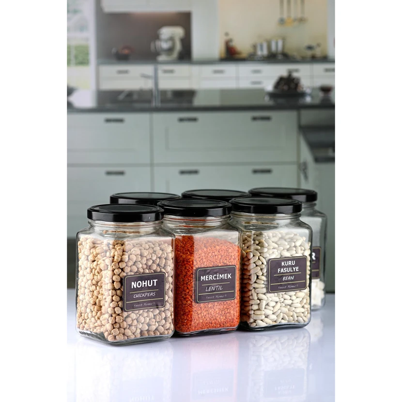 کارچیچه‌گی هوم مجموعه 6 عددی جار شیشه‌ای مربع 1600 سی‌سی با درب مشکی