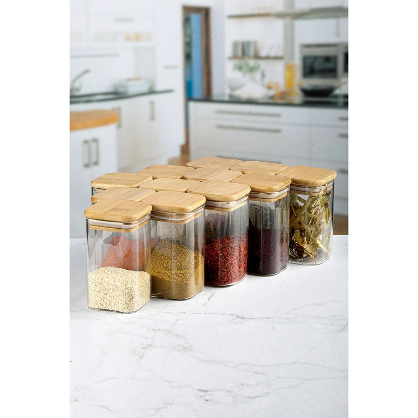 بانکه شیشه‌ای مربعی 300 میلی‌لیتری با درب بامبو (ست 12 عدد) کارچیچه‌گی هوم