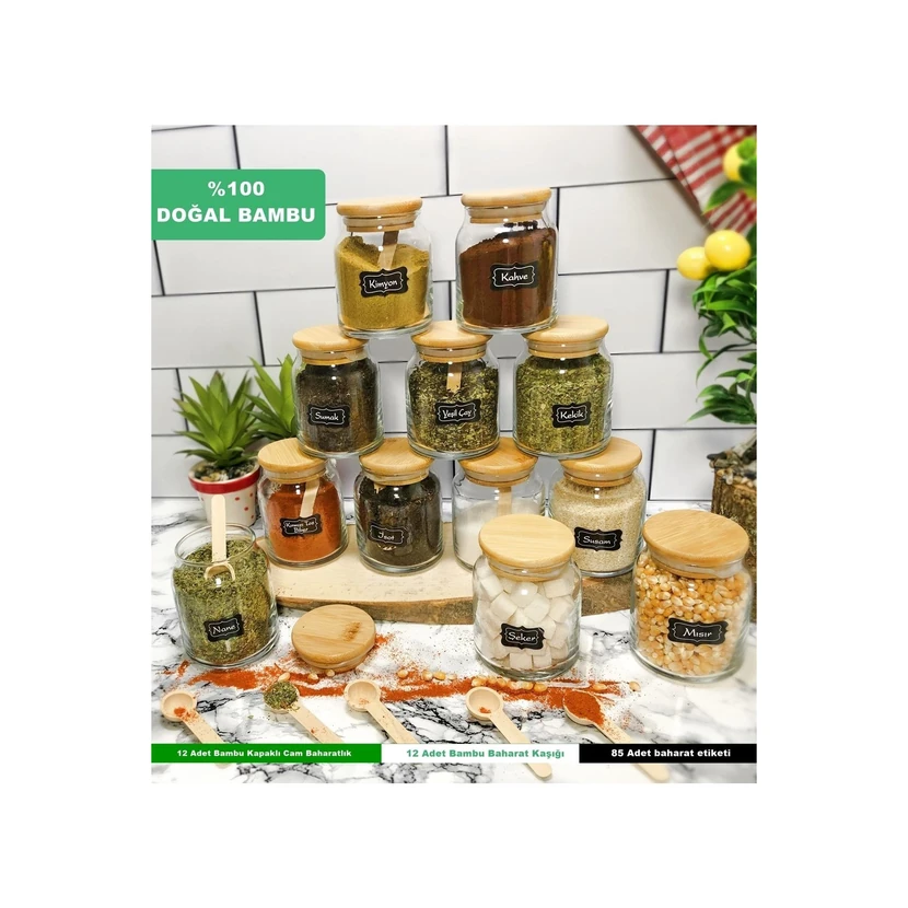 ست 12 تکه جار ادویه شیشه‌ای لوکس با درب بامبو