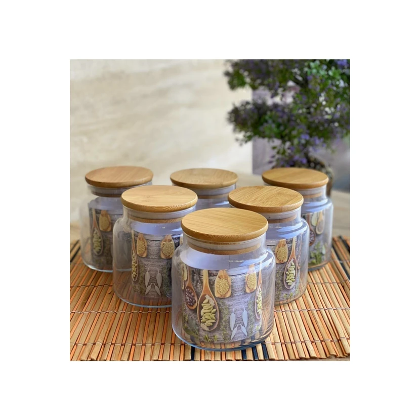 ست 6 عددی جار شیشه‌ای ادویه با درپوش بامبو و وکیوم 635 میلی‌لیتر