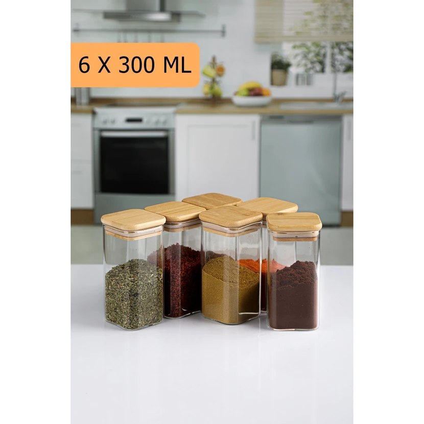 ست ۶ تایی شیشه مربا مربع 330 میلی‌لیتری با در بامبو کارچیچه‌گی هوم