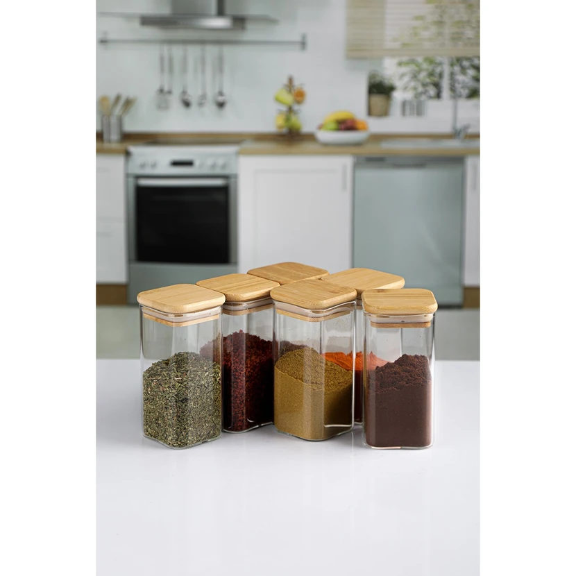 جا‌ادویه شیشه‌ای مربع درب بامبو ۴۰۰ میلی‌لیتری بسته ۶ عددی کارچیچی هوم