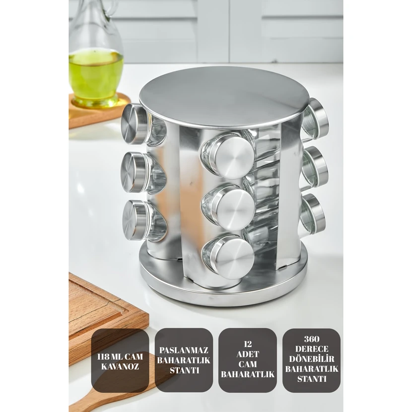 ست ادویه 12 تکه شیشه‌ای گرد با پایه استیل کروم چرخشی 360 درجه