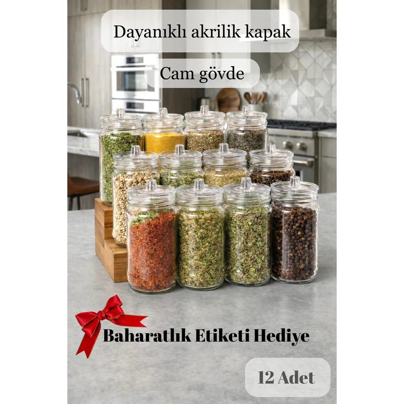 ست 12 پارچه ادویه‌خوری شیشه‌ای سرین برداک با درب وکیوم و برچسب