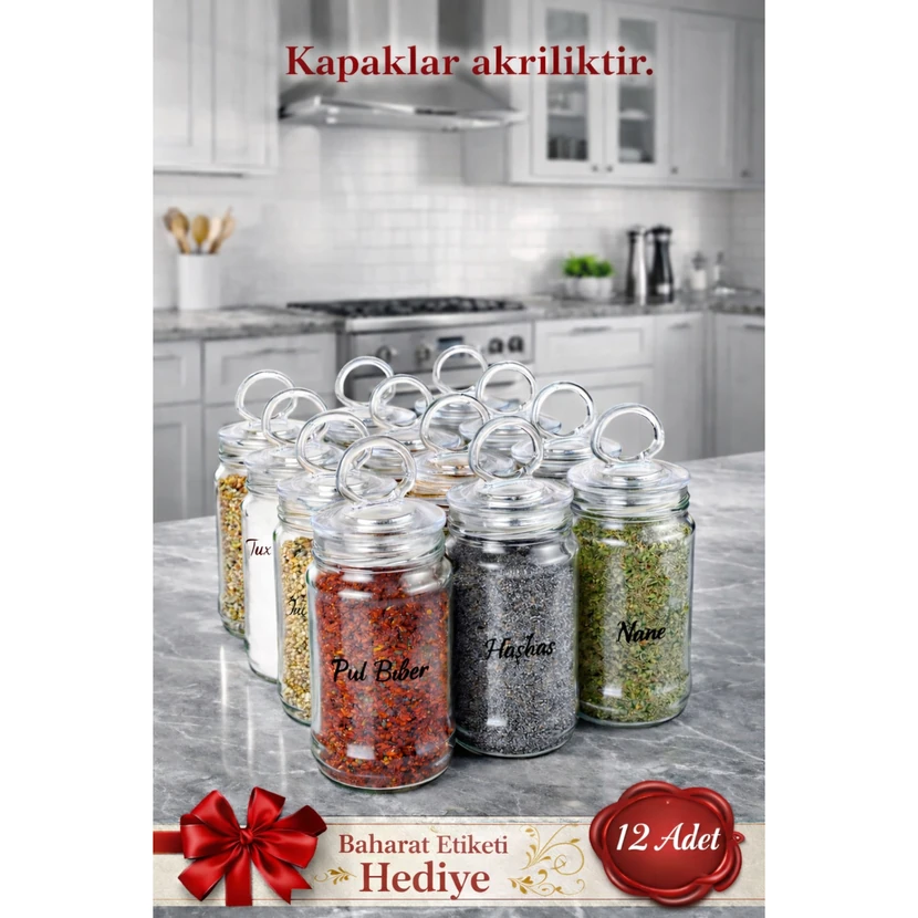 Serin Bardak ست 12 پارچه بانکه ادویه شیشه‌ای با درپوش وکیوم
