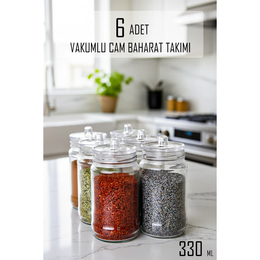 ست 6 تایی ظروف ادویه شیشه‌ای دسته‌دار با درپوش وکیوم سرین برداک