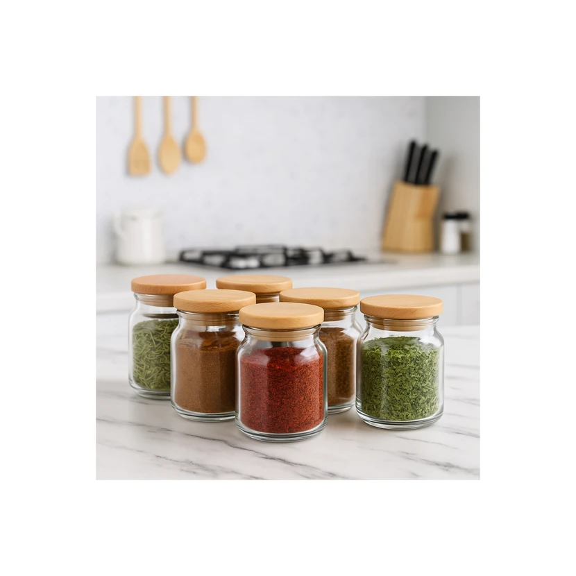 بانکه ادویه شیشه‌ای 6 تایی با درپوش بامبو وکیوم