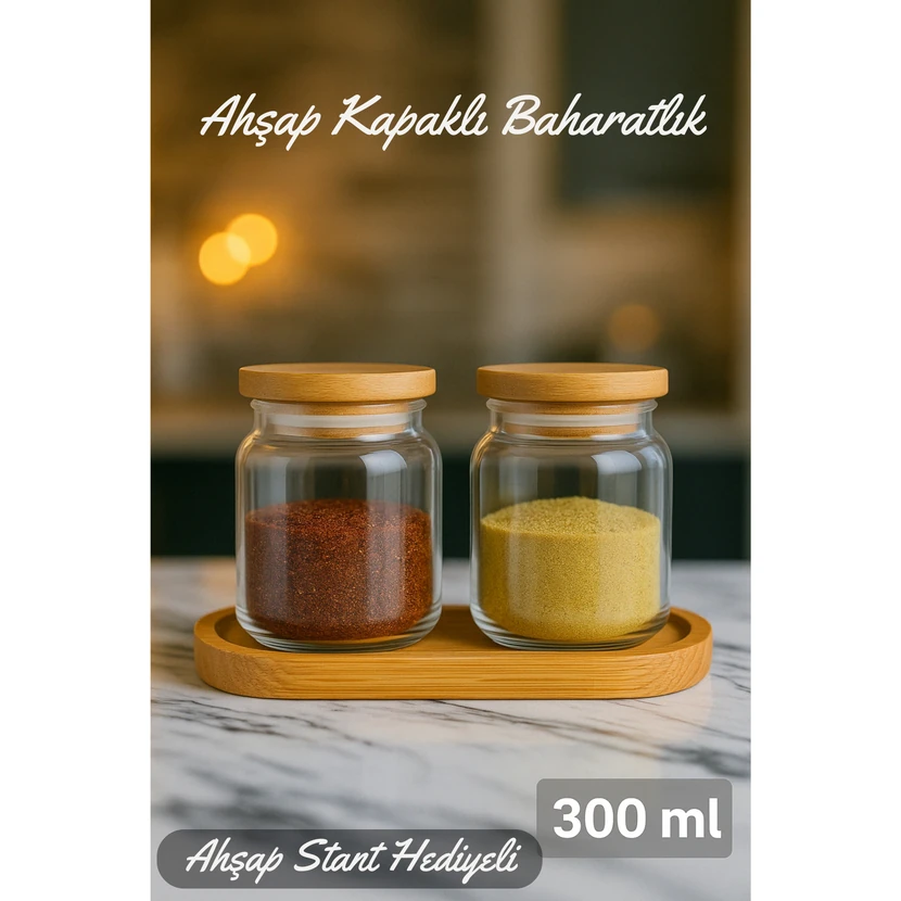 ست ادویه بامبو دو تکه درپوش‌دار با قفسه 300 میلی‌لیتر