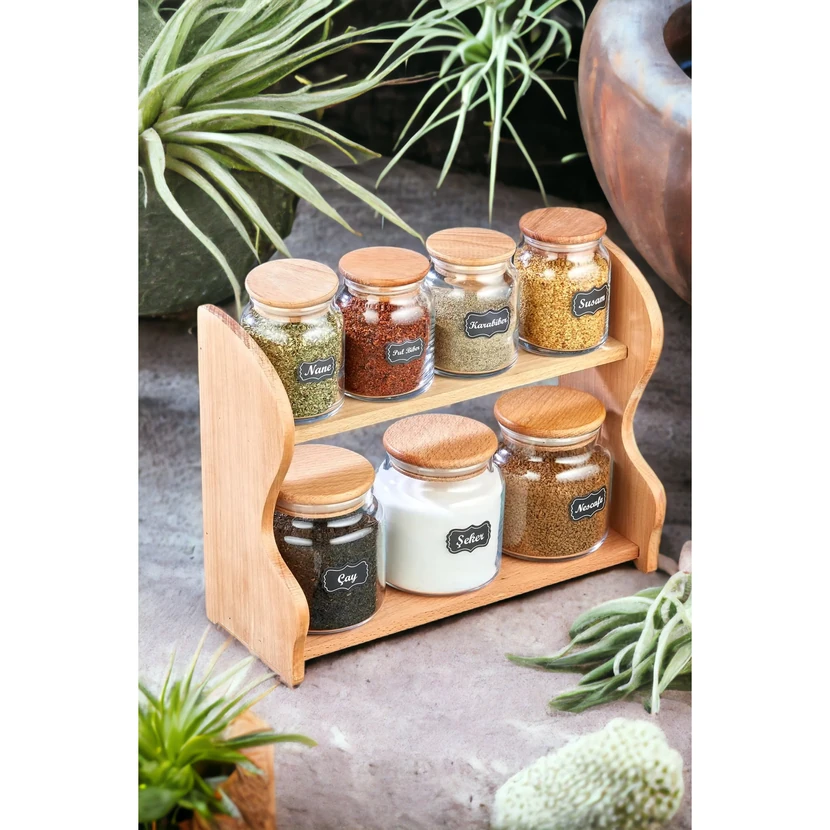 ست 8 پارچه ادویه‌خوری شیشه‌ای وکیوم با درپوش و پایه چوبی سرین بارداک