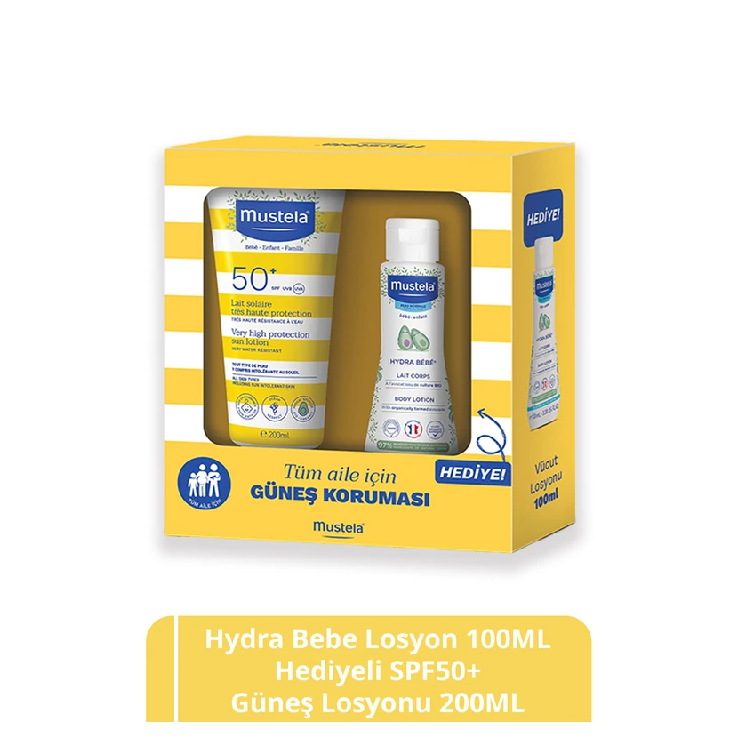 لوسیون ضدآفتاب موستلا محافظت ۵۰ – ۲۰۰ میلی‌لیتر همراه لوسیون بدن Hydra Bebe ۱۰۰ میلی‌لیتر هدیه