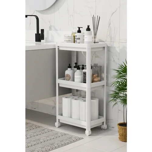 شلف حمام 3 طبقه چرخ دار اوماش Om6334 سفید