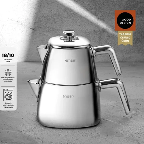 کتری قوری استیل امسان Tea Time متوسط نقره ای
