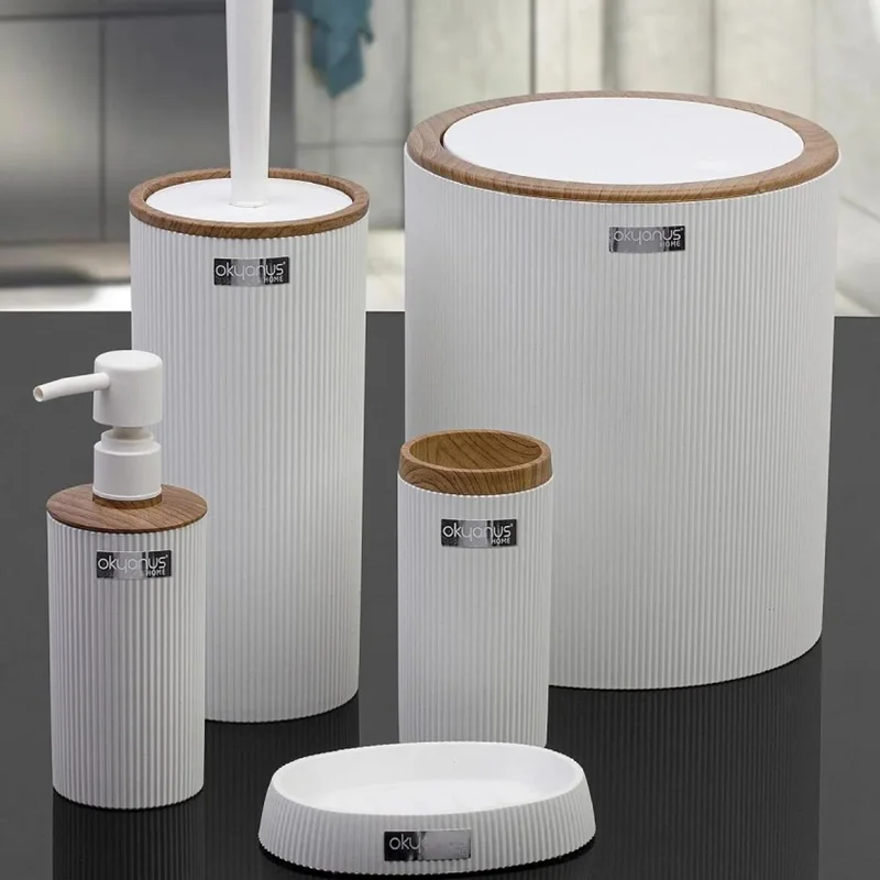 عکس ست سرویس بهداشتی 5 پارچه اقیانوس هوم مینا سفید گرد طرح چوب