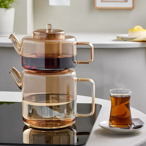 کتری قوری شیشه ای کاراجا Flat انبه ای